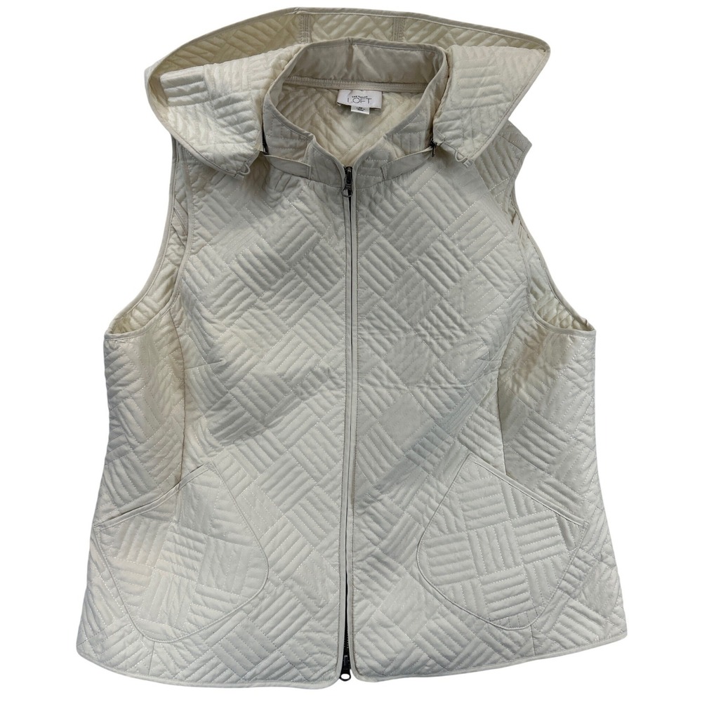 Ann Taylor LOFT Quilted Vest Women XL Cream‎ Hooded Full Zip